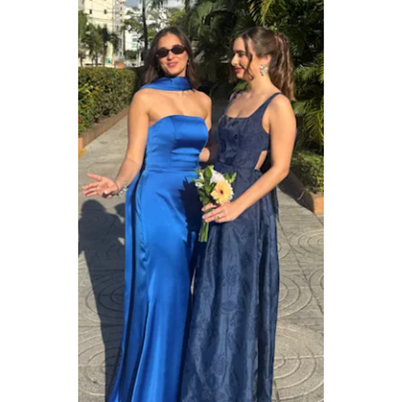 Lulus Navy Jacquard Tie-Back with Pockets Perfected Aura  Maxi Dress Size L - Picture 9 of 13